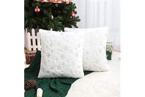 AQOTHES Soft Faux Fur Fuzzy Cute Decorative Throw Pillows Covers with Snowflake Glitter Printed Pillowcases for Christmas Decor Home Bed Room Sofa Chair Couch, Ivory, 18x18 inch, Pack of 2