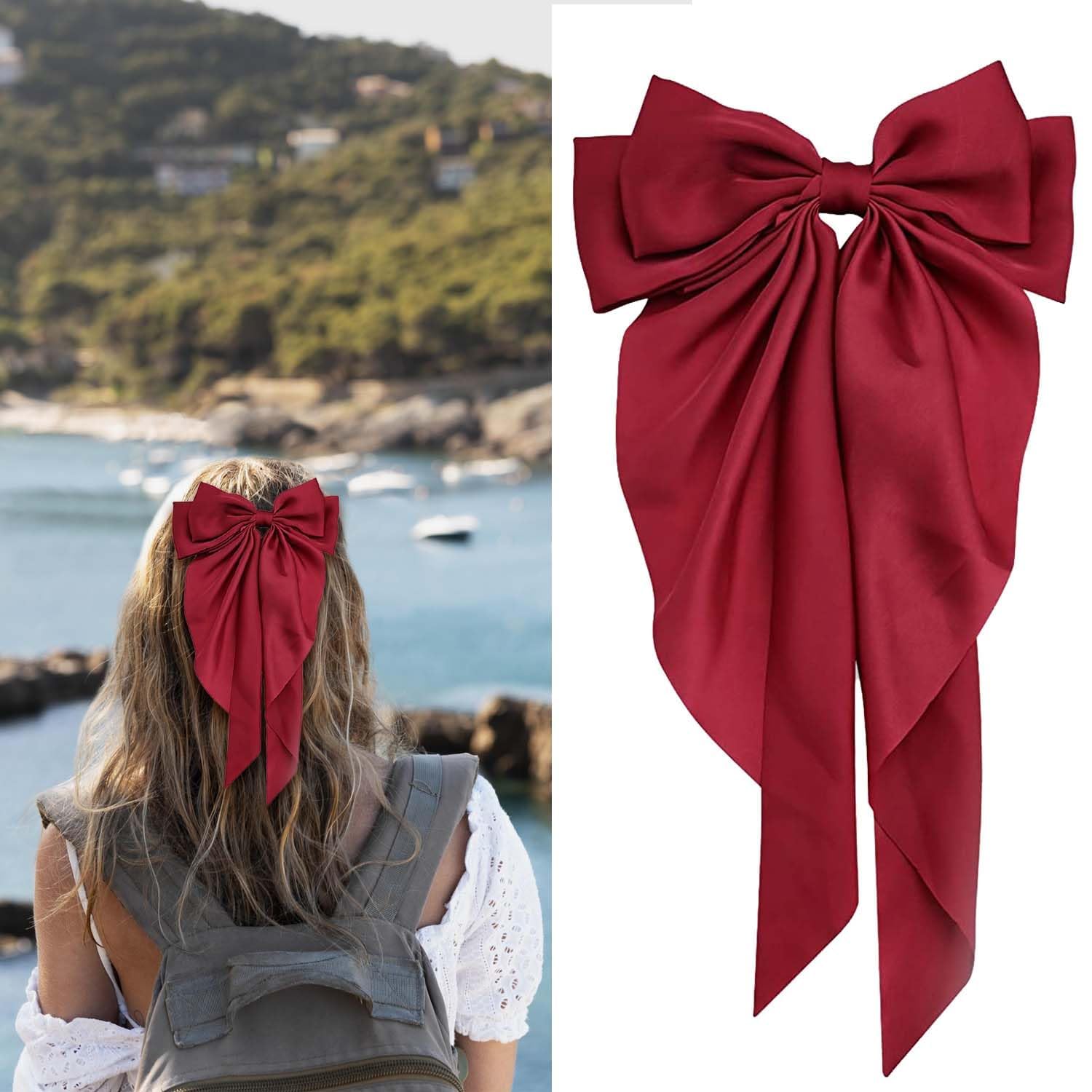LECTNORE Red Hair Bow - Large Bowknot Hair Clip for Women, Satin Silky Ribbons with Long Tail, French Barrette Hair Accessory for Girls Ponytail Holder — image 1