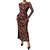 BTFBM Wedding Guest Dresses for Women Spring Fashion 2026 Bodycon Crew Neck Long Sleeve Boho Mesh Floral Maxi Fall Dress