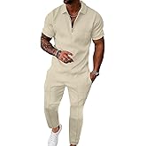 UOUA Mens Sweat Suits Set Tracksuit 2 Piece Outfits Short Sleeve Casual Sweatshirt & Loose Jogging Pants