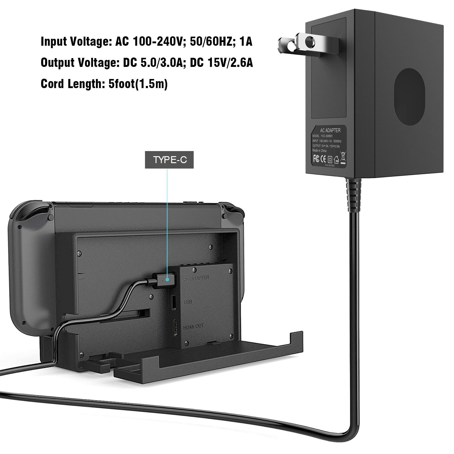 AC Adapter for Nintendo Switch DC15V/2.6A Switch Power Adapter with 5FT Cord Switch Fast Travel Charger with Type C Nintendo Switch Wall Charger for Nintendo Switch Support TV Mode and Dock Station
