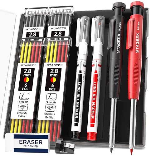 STAGEEK 2PCS Carpenter Pencil with Sharpener, Heavy Duty Woodworking Tools, Mechanical Pencil Set with 26 Refills, Deep Hole Long Nib Marker Pens for Architect Marking with Case (Black, Red)