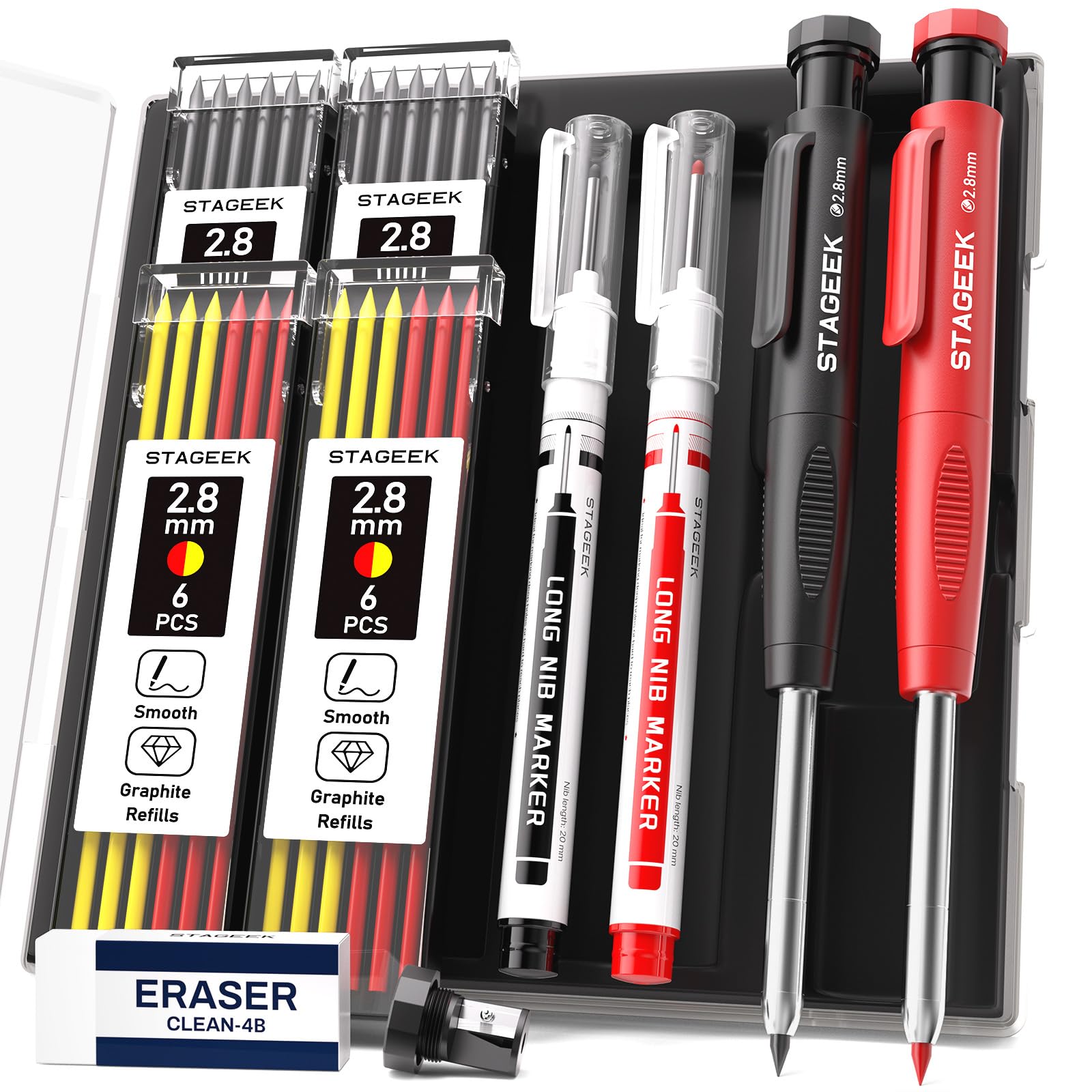 Photo 1 of STAGEEK 2PCS Carpenter Pencils with Sharpener, Heavy Duty Woodworking Tools, Mechanical Pencil Set with 26 Refills, Deep Hole Long Nib Marker Pens for Architect Marking with Case (Black, Red)