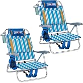 Overmont 2-Pack Low Beach Chairs with Cooler Bags - 6-Position Lay Flat | 330lbs Support for Relaxed Beach Days and Outdoor Lounging With Ergonomic Armrests&amp;Headrest&amp;Lumbar Support&amp;Towel Holder