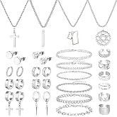 NEWITIN 37 Pcs Silver Jewelry Set for Men Stainless Steel Cross Jewelry Set | Hypoallergenic, Cross Necklaces Bracelets Rings Stud Earrings Set, Christian Religious Faith Jewelry for Women Men Daily Wear