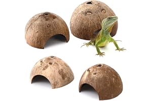 Hacaroa 4 Pack Natural Coconut Reptile Hideouts, Hermit Crab Hut Climbing Toys, Lizard Habitat Aquarium Fish Hide Cave for Spider, Snake, Snail