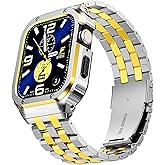 SUPLINK Stainless Steel Case with Bands Compatible with Men Apple Watch 45mm Band, Metal Rugged Protective Bumper for iWatch Apple Watch Series 9 8 7 Band, Silver and Gold