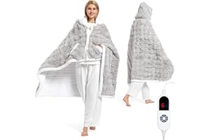 FAYKONCEN Wearable Heated Blanket Hoodie, Luxury Faux Fur & Sherpa Electric Throw Blanket, Heated Shawl Wraps Poncho with Pockets for Women Men, 3 Heat Levels & 12H Timer, ETL & FCC Certified 40"x70" Light Grey