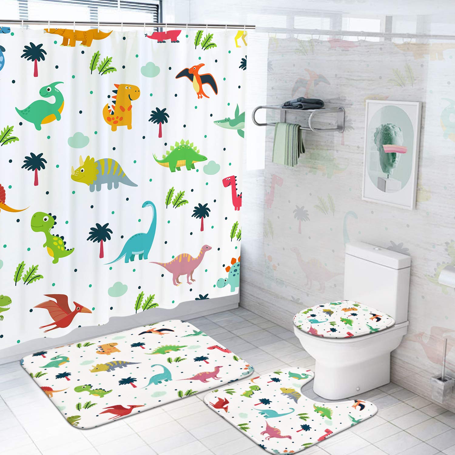 Ikfashoni 4pcs Cartoon Dinosaur Shower Curtain Set With Non Slip Rugs Toilet Lid Cover And Bath Mat