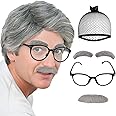 IMEYLE 4 Pcs Set Old Men Wig (2 Eyebrows+1 Mustache+1 Glasses+1 Wig Cap) 100 Days of School Wig Grandpa Costume Accessory Kit Short Sliver Grey Hair Wig Men for Costume Halloween Party+Wig Cap