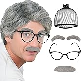 IMEYLE 4 Pcs Set Old Men Wig (2 Eyebrows+1 Mustache+1 Glasses+1 Wig Cap) 100 Days of School Wigs Grandpa Costume Accessory Kit Short Sliver Grey Hair Wigs Men for Costume Halloween Party+Hair Cap