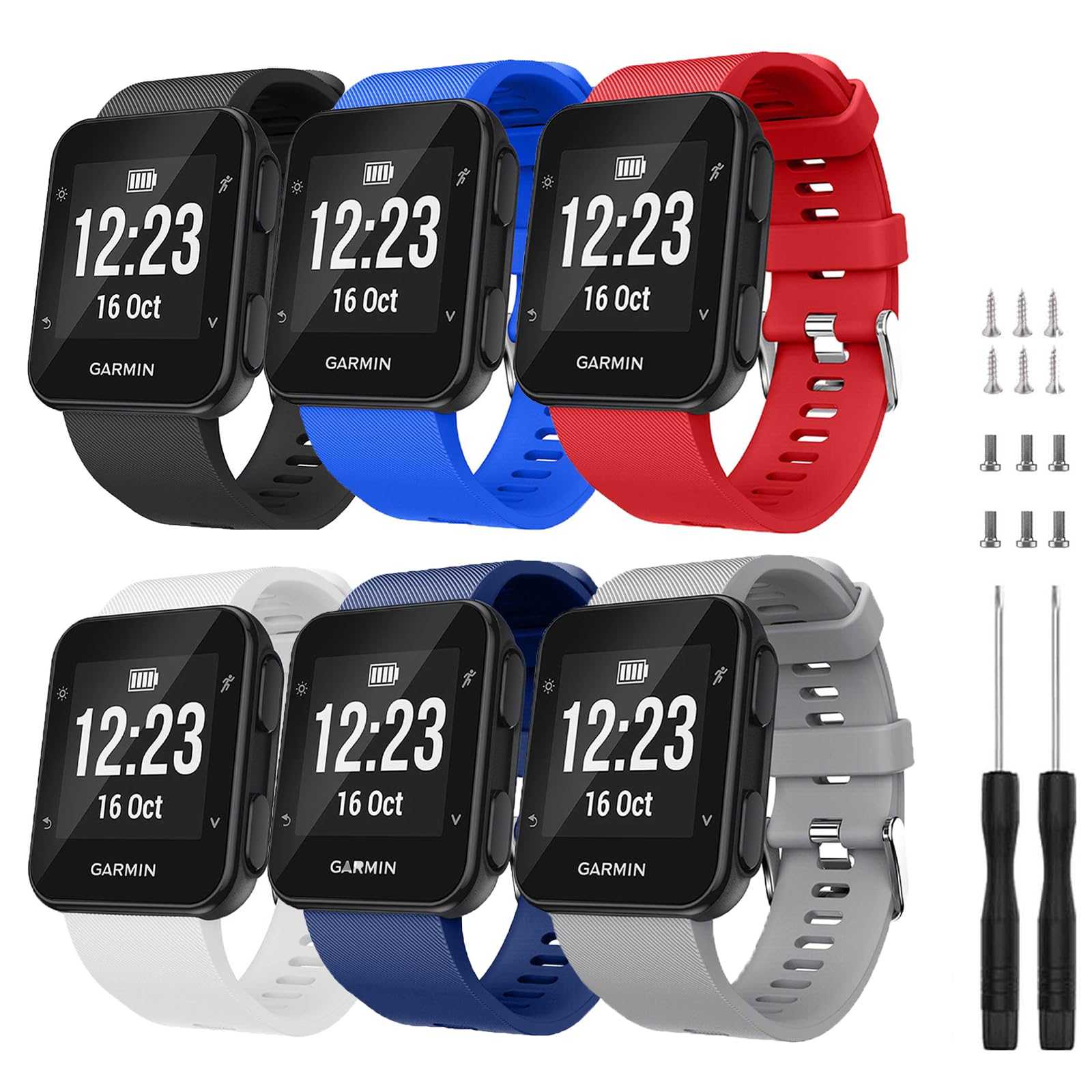 TopPerfekt Band Compatible with Garmin Forerunner 35, Soft Silicone Replacement Watch Band Strap for Garmin Forerunner 35 Smart Watch (6-Pack/2)