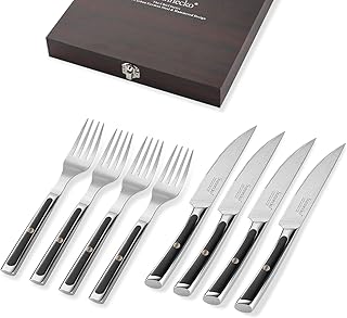 Sunnecko Steakbesteck Set, Damast Besteckset für 4 Personen, Steakmesser mit Wellenschliff aus japanische VG-10 Cored&73-Schichten Damastmesser Gabeln G10 Griff 8-TLG inkl. edle Holzkiste
