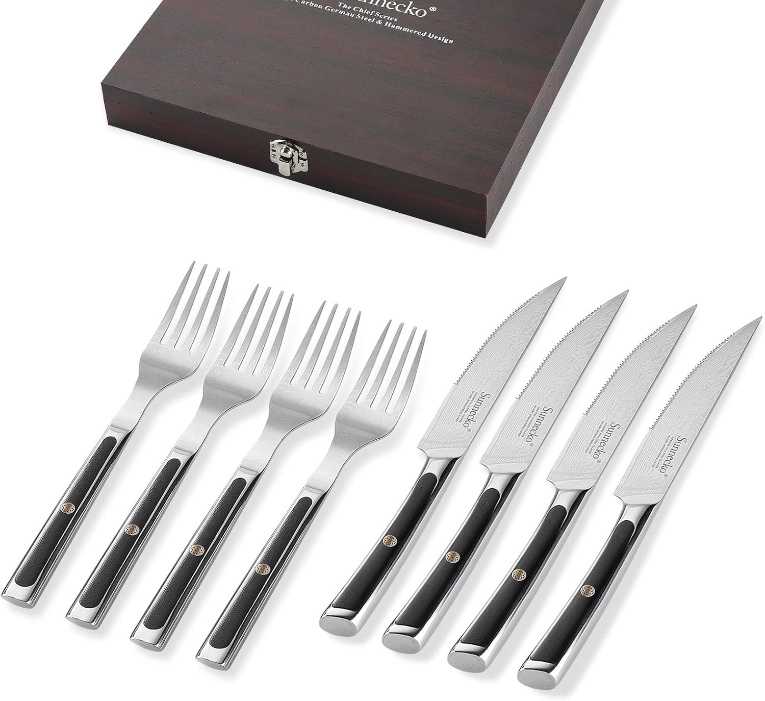 Sunnecko Steakbesteck Set, Damast Besteckset für 4 Personen, Steakmesser mit Wellenschliff aus japanische VG-10 Cored&73-Schichten Damastmesser Gabeln G10 Griff 8-TLG inkl. edle Holzkiste