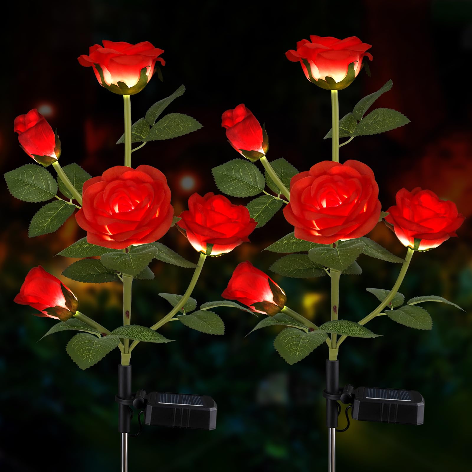 Aolyty 2 Pcs LED Solar Garden Lights, Decorative Waterproof Roses Stake Light, 5 Flowers Outdoor Artificial Ornaments for Grave Patio Pathway (Red)