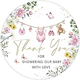 Whaline 100Pcs Baby Shower Clothes Thank You Stickers 2 Inch Pink Infant Clothes Floral Round Adhesive Label Decals for Girl Birthday Party Decorations