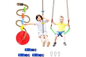 PERANTLB Tree Swing Climbing Rope 2 Pack Multicolor with Platforms Red Disc Swings Seat - Outdoor Playground Set Accessories Tree House Flying Saucer Outside Toys - Bonus Carabiner and 4 Feet Strap