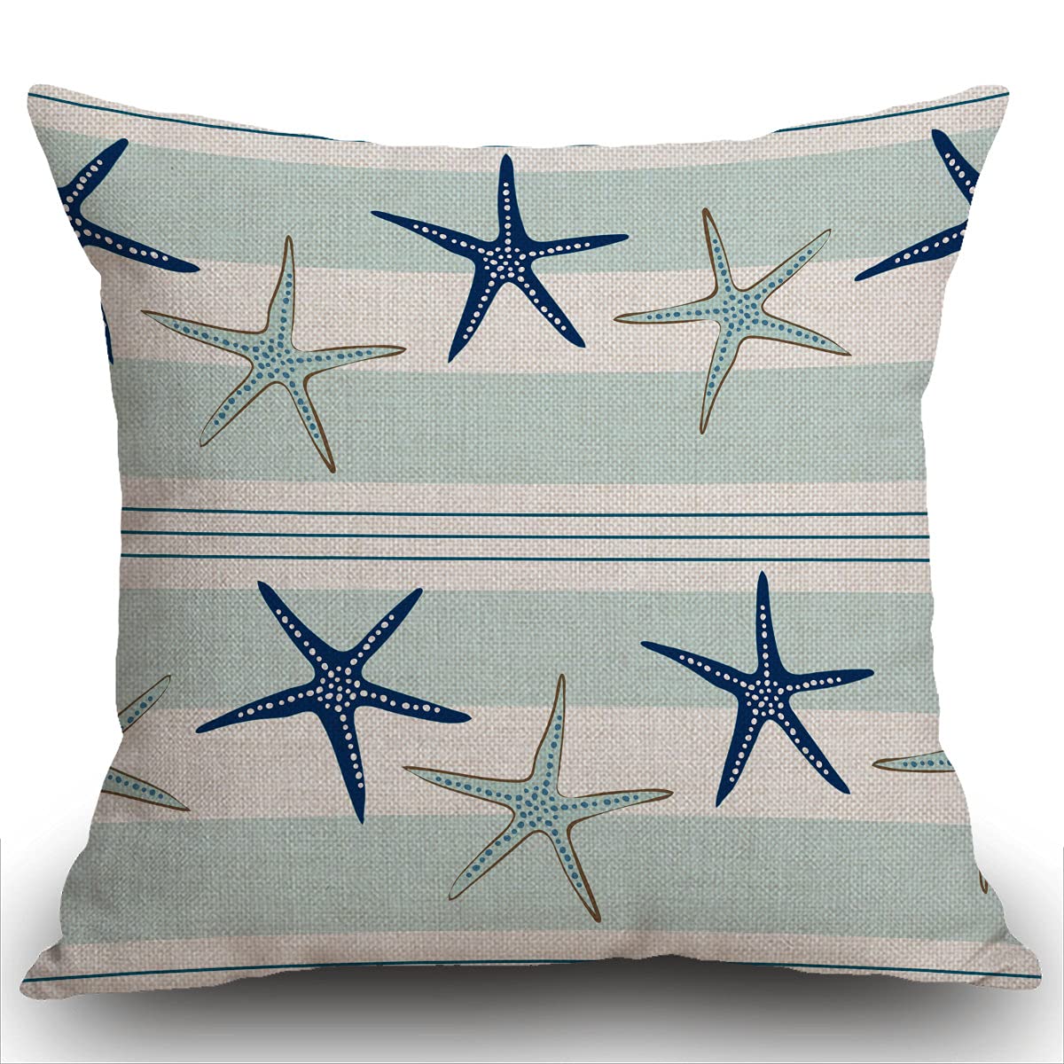 Smooffly Coastal Navy Blue Cushion Cover, Coastal Starfish Repeat Pattern Navy Turquoise Square 18 x 18 Inches Decorative Throw Pillow Cover Cotton Cushion for Sofa Bedroom Car 45cm X 45cm