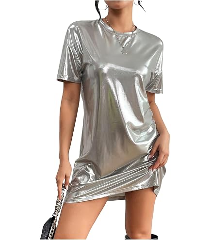 metallic t shirt dress Floerns Women's Short Sleeve Tee Holographic Disco Dress White XX-Small at Amazon Women's Clothing store New without tag Material size:Fits a M Dropship MDB Embellished Strapless Cowl Neck