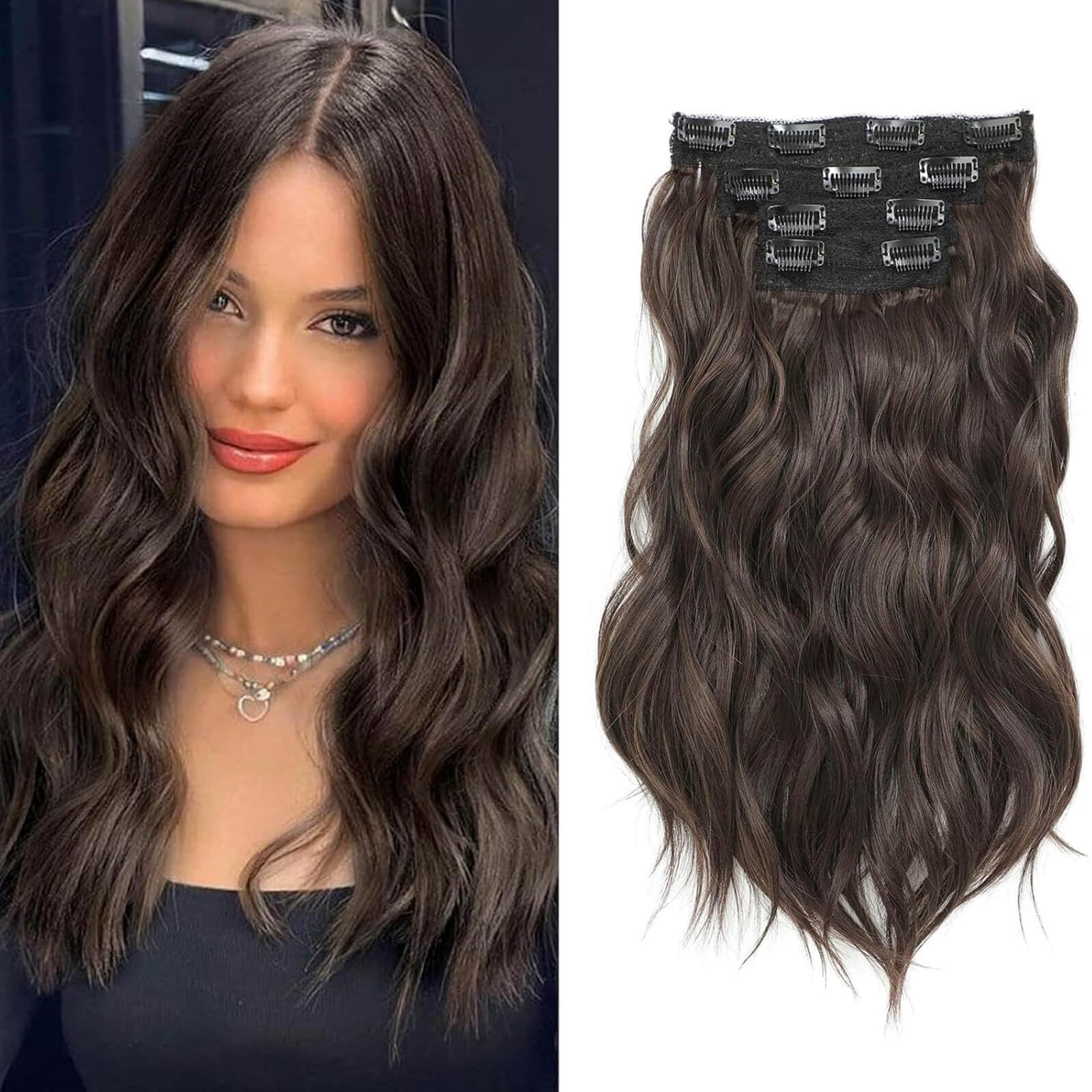 Flyroseing 4PCS Hair Extensions Clip in, 14 Inch Short Wavy Full Head Clip in Hair Extension Chocolate Brown Hair Extensions Invisible Lace Weft Synthetic Natural Soft Hairpieces for Women