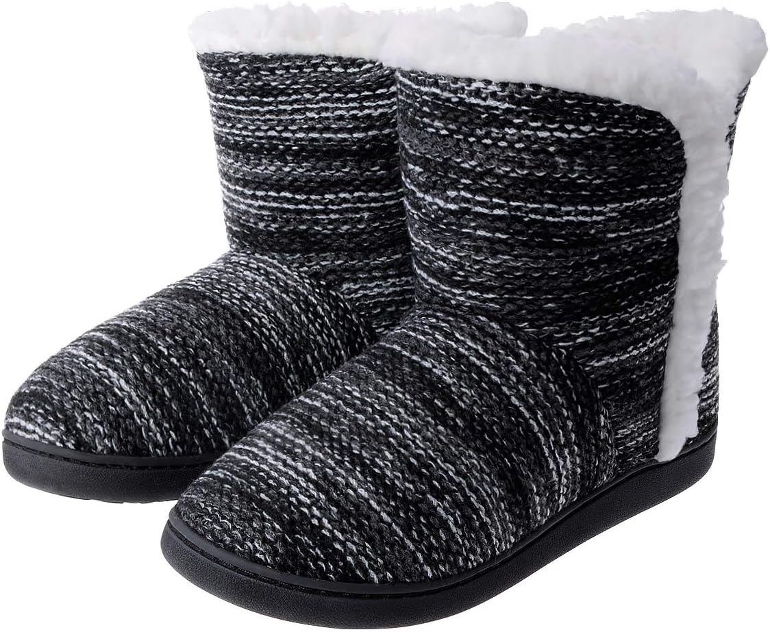 shoeslocker Womens Slipper Booties Warm Knitted Ankle Fuzzy Slippers for Women House Shoes