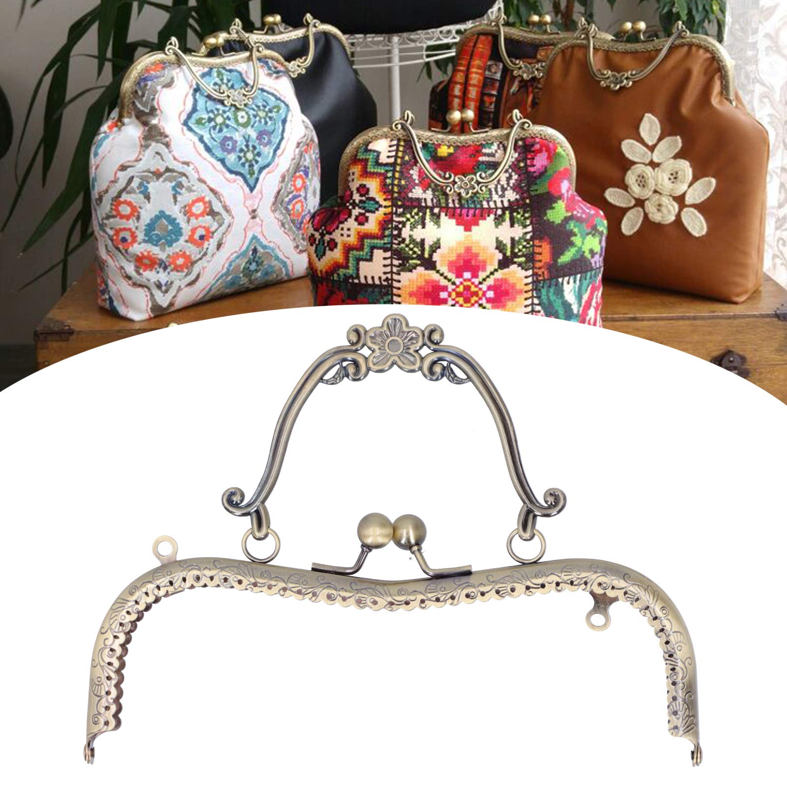 Tnfeeon Metal Purse Frames Handles, 20.5cm Metal Purse Bag Frame Kiss Clasp Lock Retro Embossed Handle Craft Decorations(Bronze B01-029—00548)