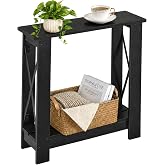 ZEXVIDA Narrow Side Table, 6.6" Ultra Slim End Table, 2 Tier Storage, Black | Ultra Narrow End Table for Small Spaces, Wood Accent Table with Metal X-Frame, Space-Saving Gap Organizer for Living Room