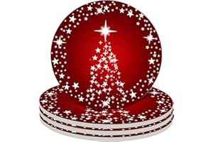 DOAWBANG Silver Star Christmas Tree with Holiday Red Background Christmas Coasters Absorbent Ceramic Drink Coasters for Xmas Decor Soft Coasters Set of 4 Good White Elephant Gifts for Adults