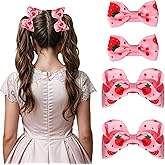 4 Pcs Strawberry Bow Hair Clips Set, Cute Pink Ribbon Barrettes, Strawberry Print Hair Bow Clips Ribbon Clip Hairs Accessories for Women, Teens, Girls for Valentine's Day, Parties and Gifts,2 Sizes