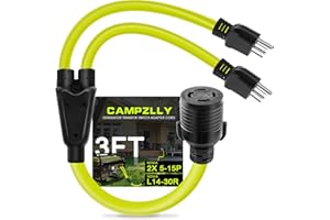 Campzlly NEMA 2X 5-15P to L14-30R Generator Adapter Cord, 2X 5-15P Male Generator to 4 Prong 30 Amp Female, 120V to 240V Adapter, 3FT, ETL Listed