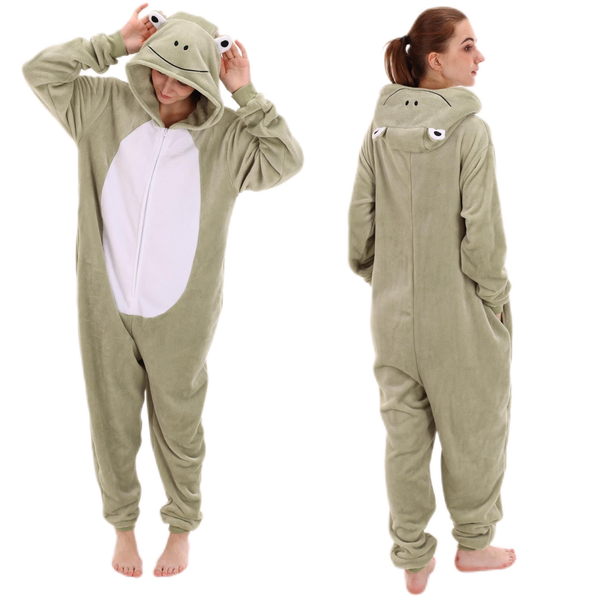 COSUSKET Snug Fit Unisex Adult Onesie Pajamas, Flannel Frog Cosplay Animal One Piece Halloween Costume Sleepwear Homewear Image
