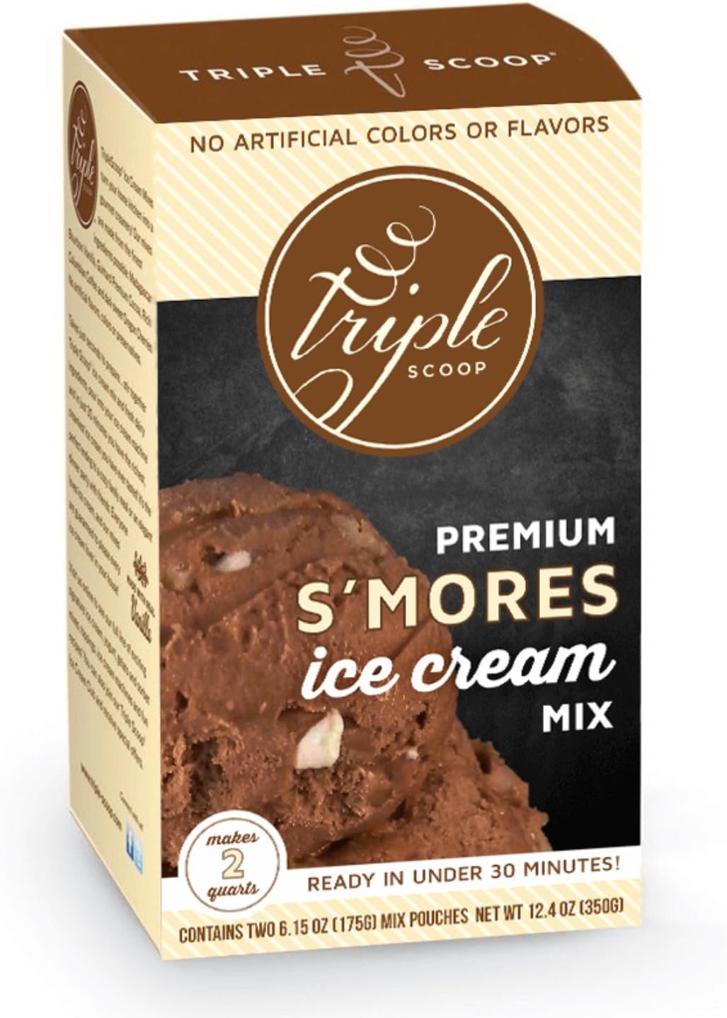 Triple Scoop Premium Ice Cream Mix, S'mores, starter for use with home ice cream maker, no artificial colors, ready in under 30 mins, makes 2 qts (1 15oz box)