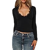 Women Fashionable Sexy Lace Trim V-Neck Long Sleeve Slim Fit T-Shirt Blouse Going Out 2025 Y2k Trendy Fall Crop Tops
