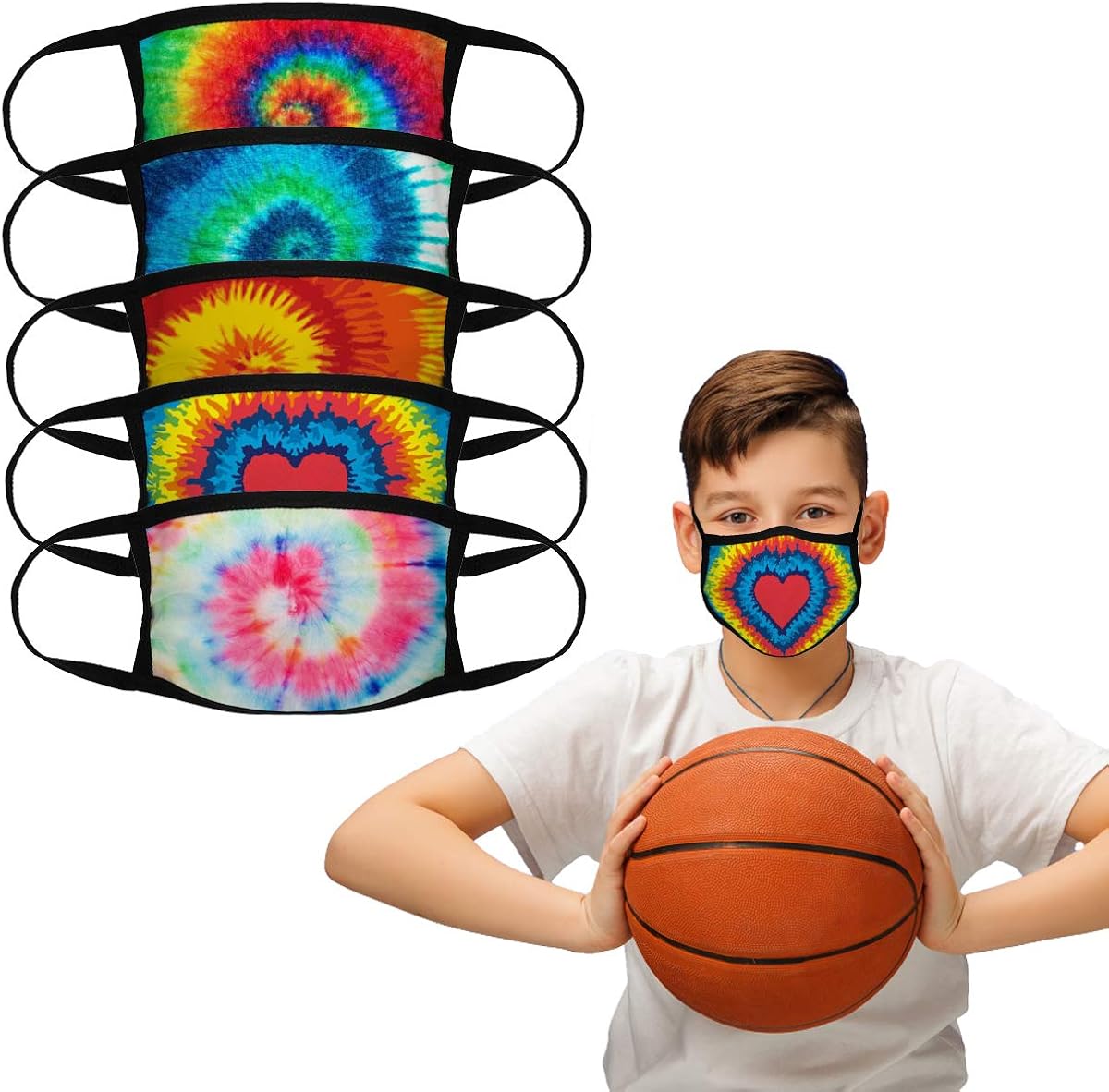 5PCS Big Kids Face Mask Bandana Reusable Washable Middle and High School Students Cover Breathable Cute Dust Covering for Youth Boys and Girls (Tie dye): Clothing