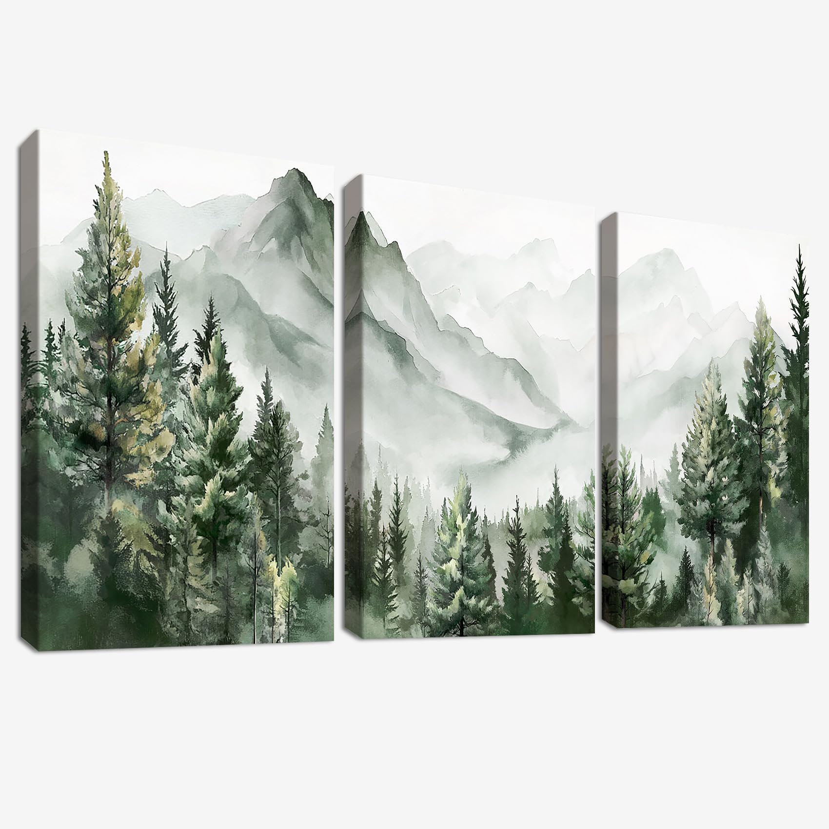3 Pcs Wooden Framed Watercolor Mountain Range Canvas Wall Art Canvas Prints Green Forest Tree Modern Wilderness Painting Picture for Living Room Bedroom Hallway Home Wall Decor 90x40cm(12"x16"x3pcs)