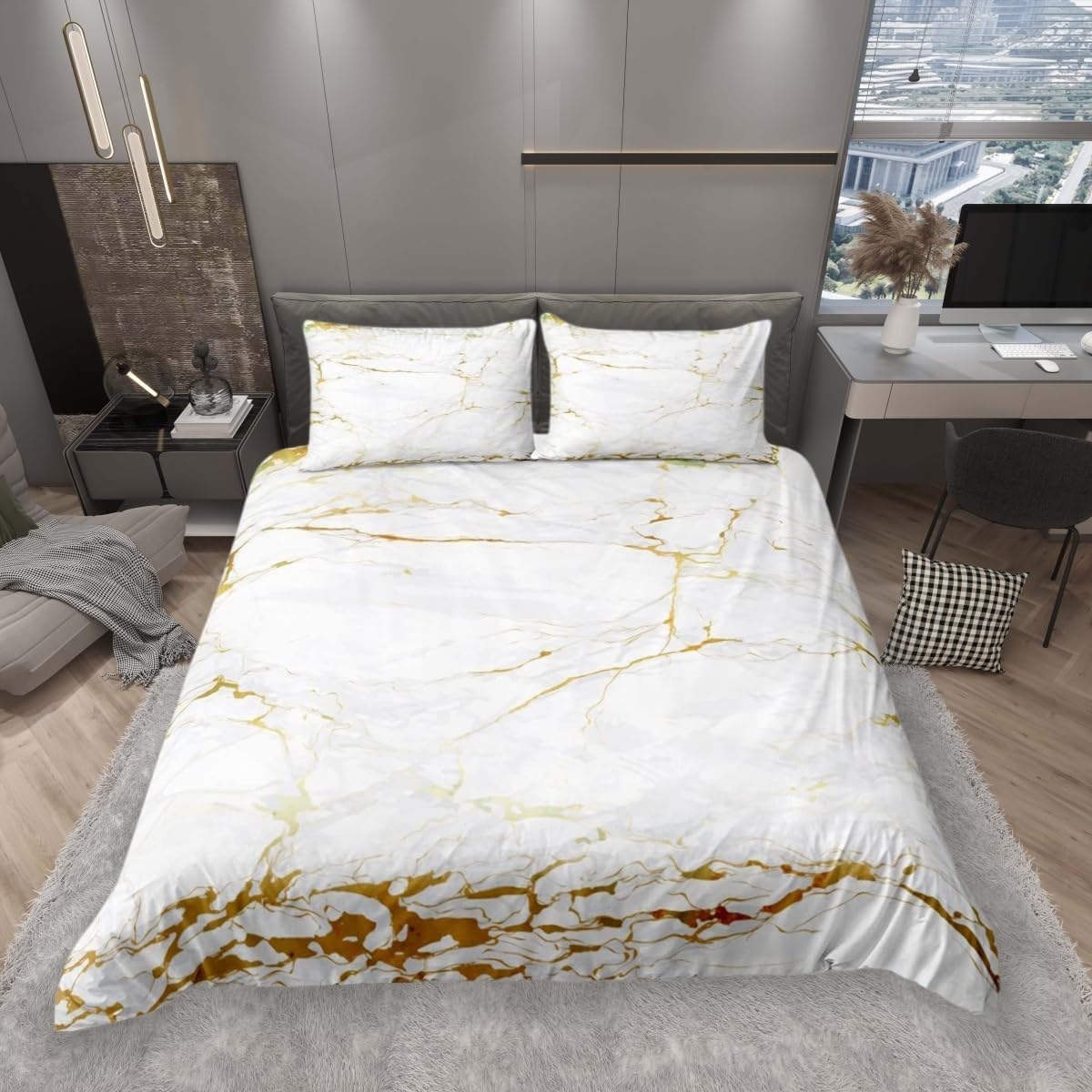 feelingyou White Marble Duvet Cover Set S-King Abstract Stone Texture Bedding Set 3pcs for Kids Boys Teens Room Decor, White and Gold Marbling Comforter Cover Luxury Quilt Cover with 2 Pillowcases