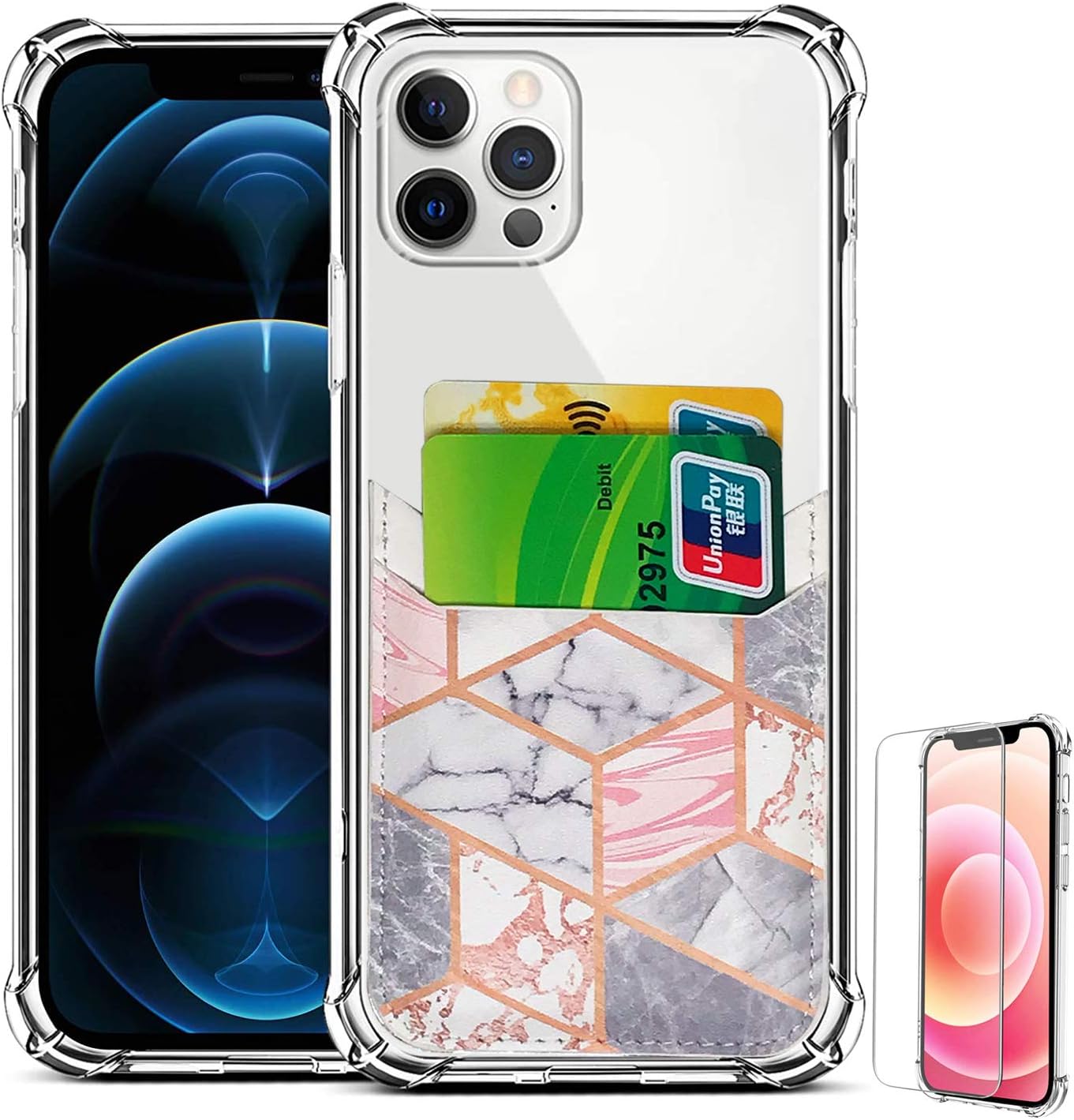 Wallet Slim Case Compatible with iPhone 12 Pro Max 6.7 inch 2020 Crystal Clear Case with Card Holder PU Leather Sleeves Soft TPU Shockproof Case with Screen Protector (Rose White Gray Marble)