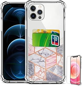 Wallet Slim Case Compatible with iPhone 12 Pro Max 6.7 inch 2020 Crystal Clear Case with Card Holder PU Leather Sleeves Soft TPU Shockproof Case with Screen Protector (Rose White Gray Marble)
