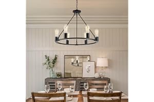 Senyshilon Black Chandelier, 6-Light Dining Room Light Fixture, Round Farmhouse Wagon Wheel Chandeliers for Dining Room Living Room Entryway Kitchen Island Dia 24"