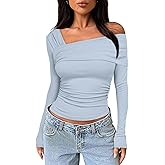 NTSWZYS Women One Off Shoulder Long Sleeve Crop Top Casual Ruched Shirt Slim Fit Y2K Going Out Tops