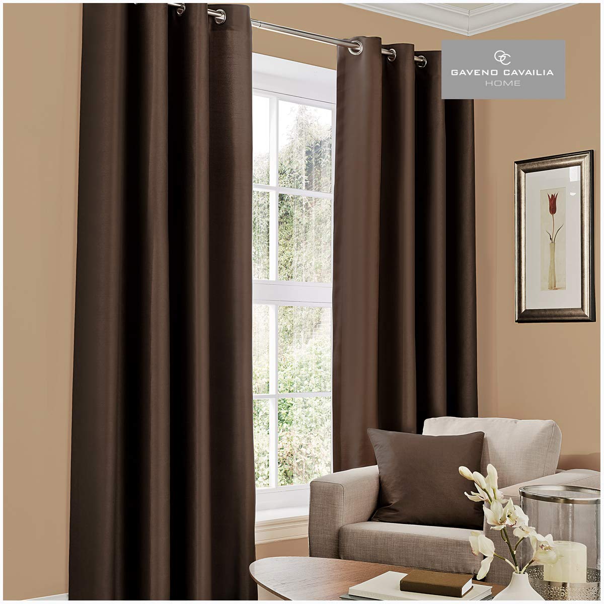GC GAVENO CAVAILIA Faux Silk (Eyelet) Curtains, Brown, 90x90 Inch()