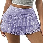 Women's Floral Lace Mini Floral Skirt Y2k Low Waist Double Ruffle Layered Flowy A Line Shorts Going Out Streetwear Skirts