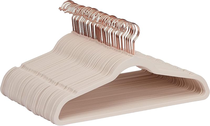 Cintres Fins, antidérapants, en Velours, Rose Carné/Doré, 50 unités