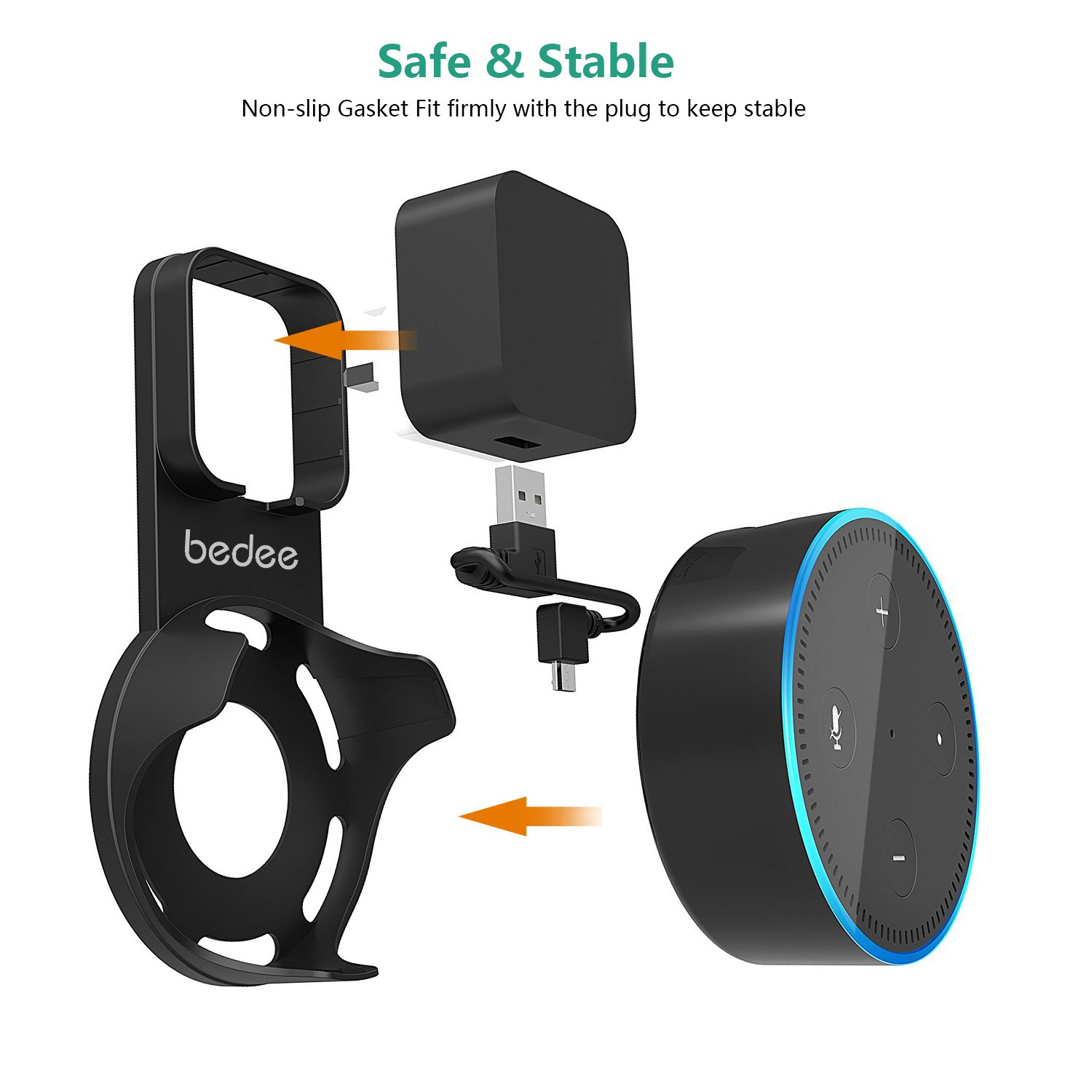 bedee Support Mural pour Echo Dot (2ème génération), Prise Wall Mount Hanger Holder pour Alexa Home Voice Assistants, avec Un Personnalisé Sourt câble USB