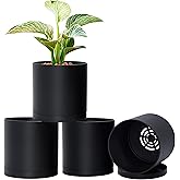 D'vine Dev 4 Pack 6 Inch Modern Plastic Plant Pots, Small Garden Planters for Plant with Drainage Holes and Saucers, Black Color, 74-Y-J-2