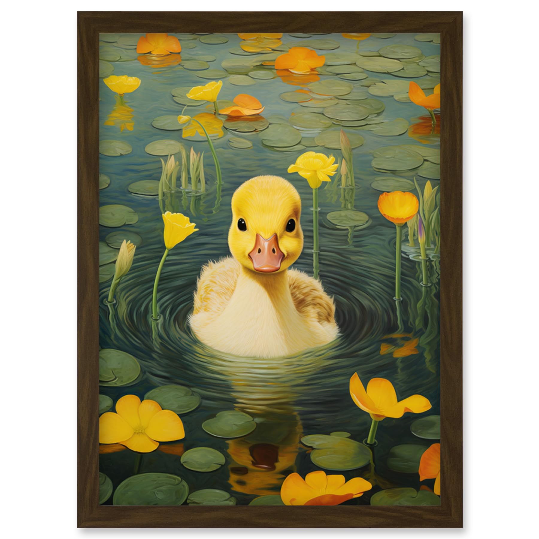 Artery8 Whirlpool Duckling Lily Pads and Flowers Kids Bedroom Nursery Artwork Framed Wall Art Print A4