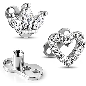 2Pcs 14G Dermal Anchor Tops 316L Surgical Steel CZ Body Piercings Studs | Cubic Zirconia Heart & Crown-Shaped Internally Thre