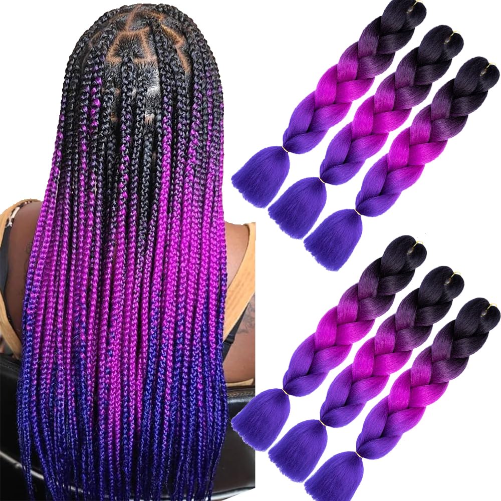purple ombre braiding hair 6packs 24" kanekalon hair jumbo braids High Temperature synthetic hair Extensions for Braiding Crochet Twist Box Braids Women (Black-Purple-Blue) โ image 1