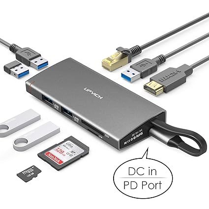 UPVICH USB C Hub,Docking Station,10 in 1 USB-C Adapter mit HDMI 4K, Ethernet RJ45 LAN,4 USB 3.0,1 USB 2.0,Micro SD/TF Kartenl