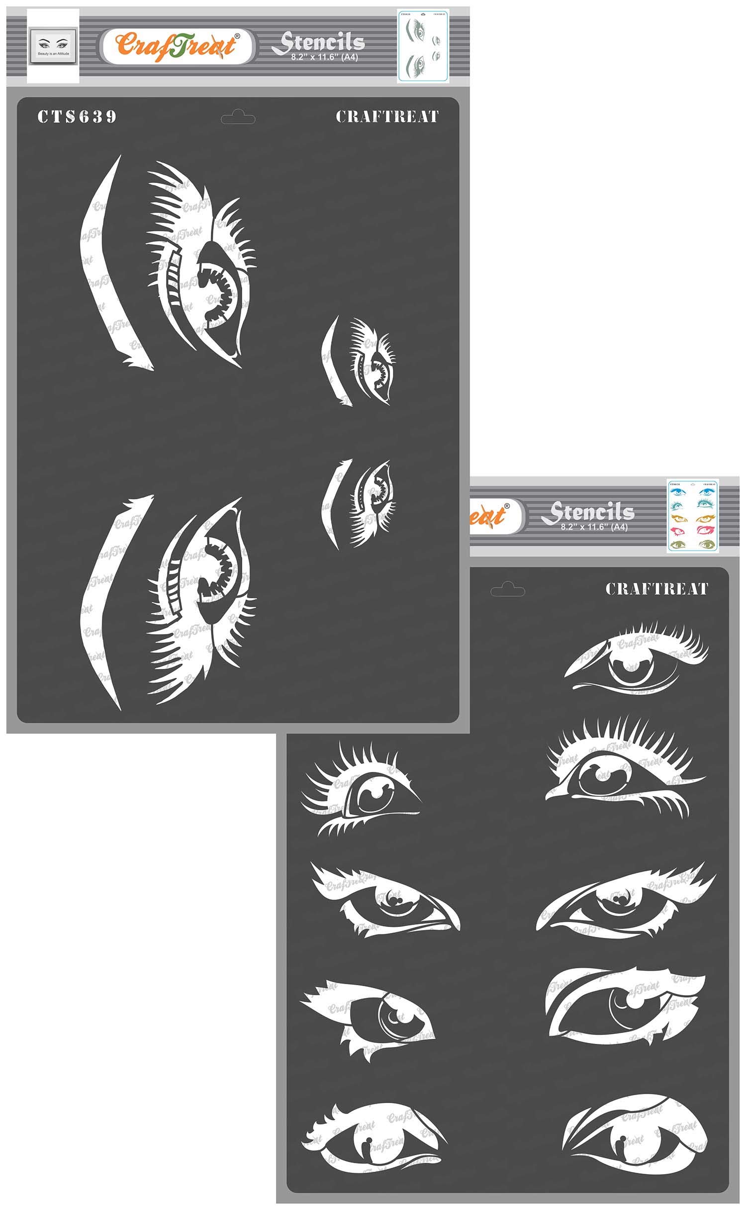 CrafTreat Reusable Eye Stencils for Painting on Wood - Beautiful Eyes and Expressing Eyes - 2 Pcs - Size : A4 (8.3 x 11.7 Inch) - Eye Stencils for Painting on Canvas - Eye Stencils for Crafts